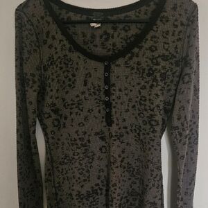 Free People Davis Black and Gray Thermal Long Sleeve Henley Top Large